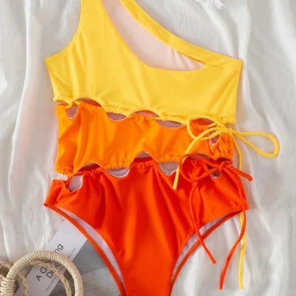 NEW Shein Sherbet Sunset ColorBlock Lace-Up Cut-Out 1 Piece Bathing Swim Suit 6M - Picture 3 of 8